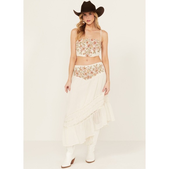 Free People Augusta Floral Appliqué Crop Top & Asymmetrical Skirt Set Sz S Boho